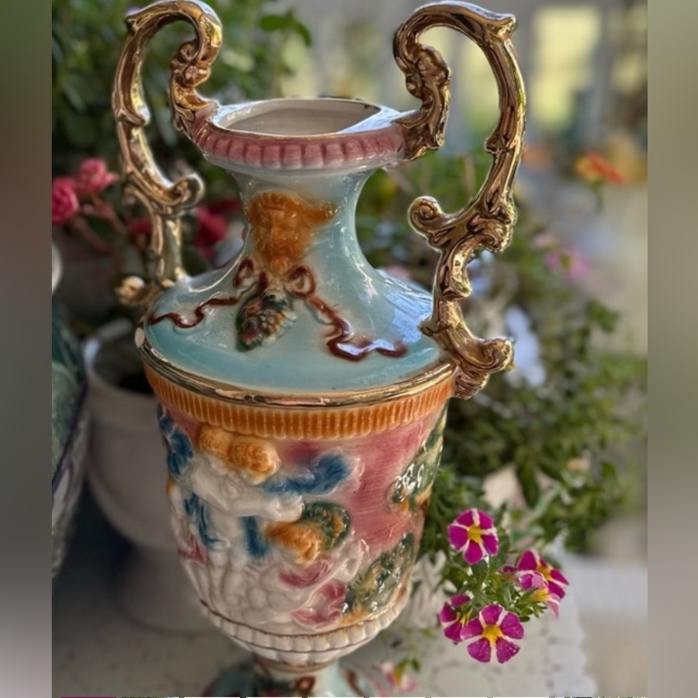 Vintage Italian Ceramic Vase w/ Cherubs - 2 Jars Sold as Set or Individually